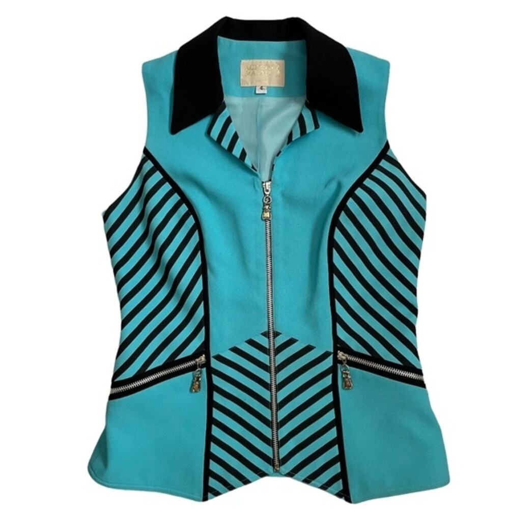 Vintage Alberto Makali New York Turquoise Striped Zipper Sleeveless Blouse Vest